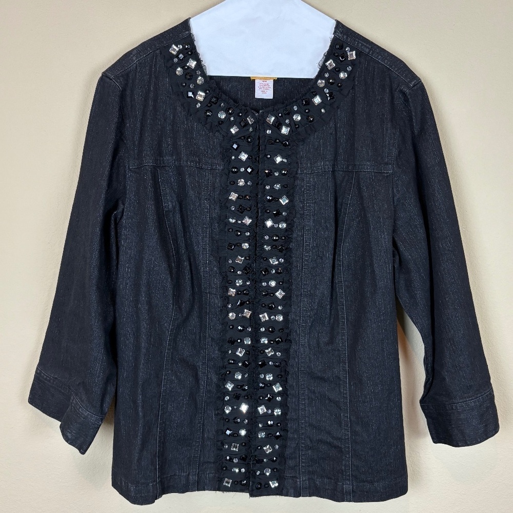 Ruby Rd Black Denim-Like Stretch Jacket with Rhinestone Ruffle Accents; Size 16W